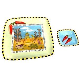 Serving Platter 11" square footed with 5" square dipping plate  "Howling Coyote"